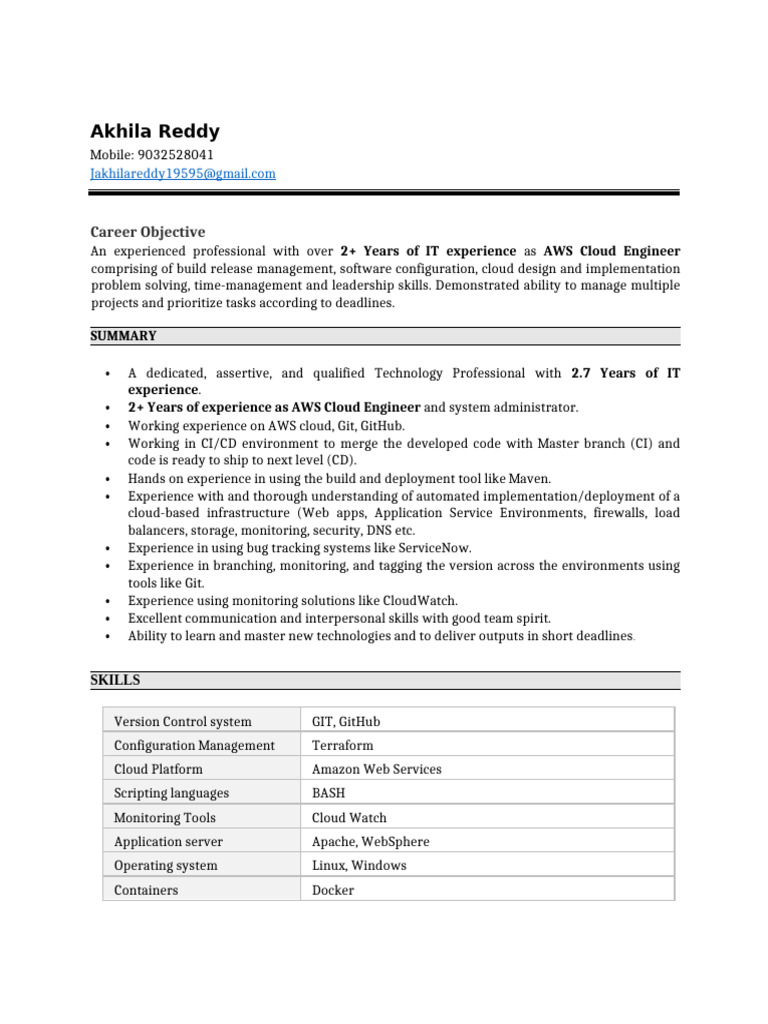 AWS Cloud Engineer Resume Summary | PDF | Cloud Computing | Amazon Web ...