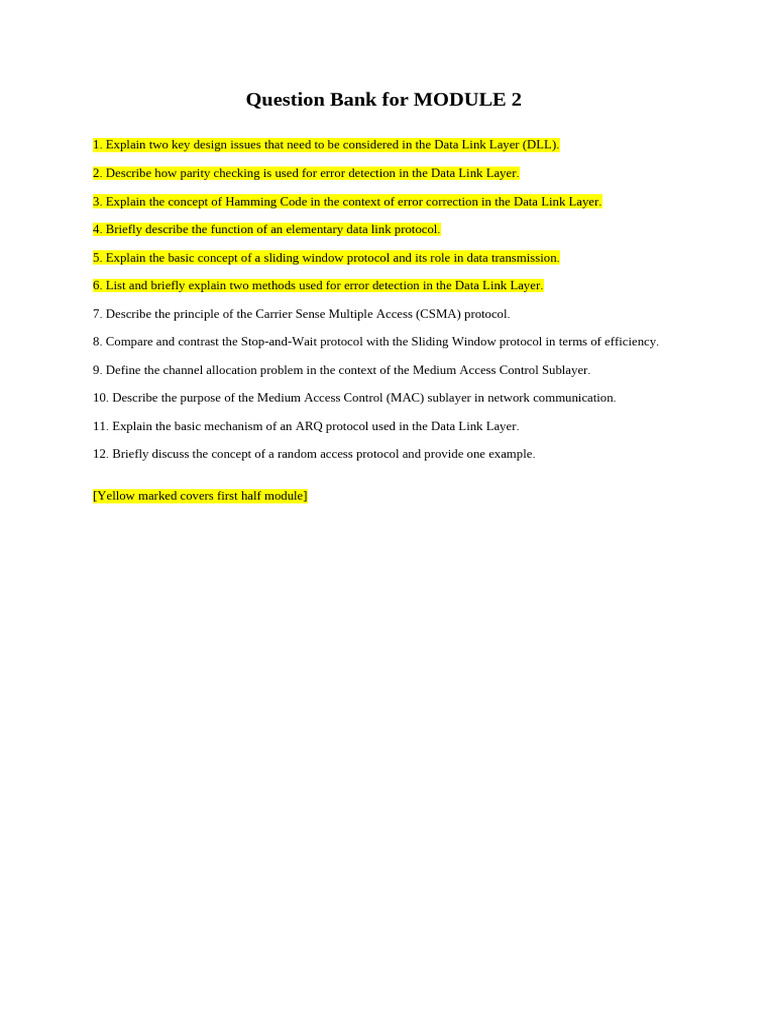 Data Link Layer Question Bank | PDF