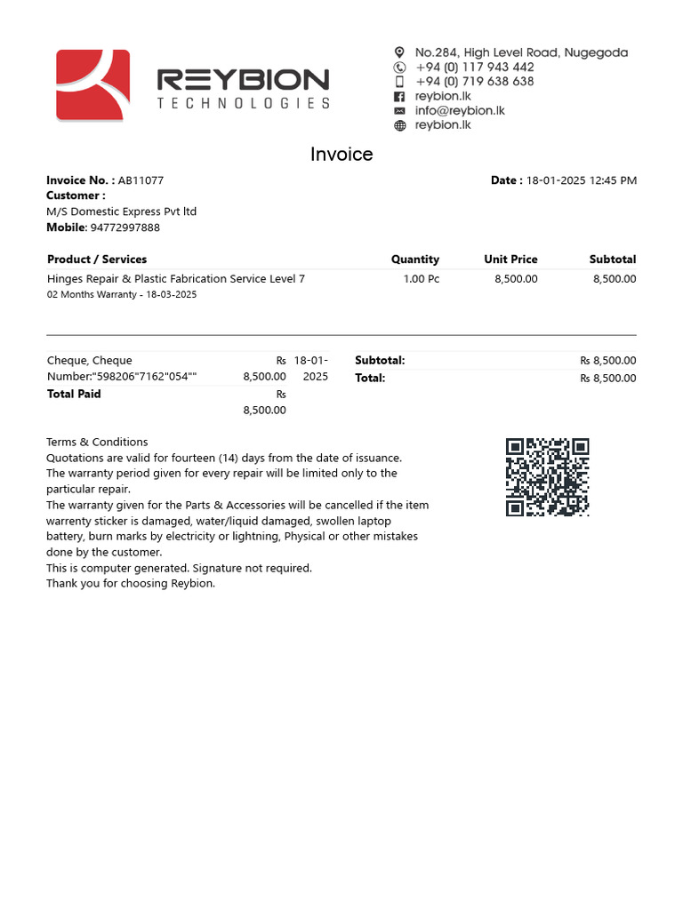 Invoice for Hinges Repair Service | PDF
