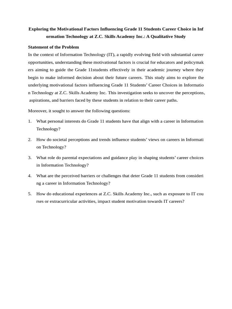 Statement of The Problem - MotivationalFactors | PDF