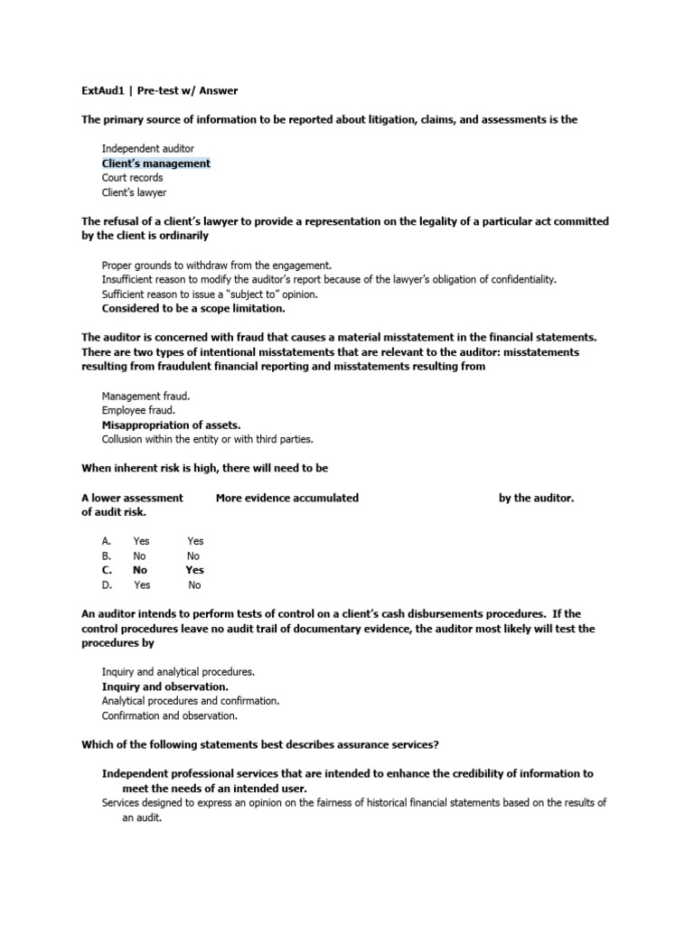 Auditor Pre-Test with Answers Guide | PDF | Audit | Auditor's Report