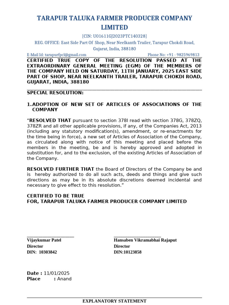 Tarapur Taluka Farmer Producer Company EGM Resolution | PDF | Private ...