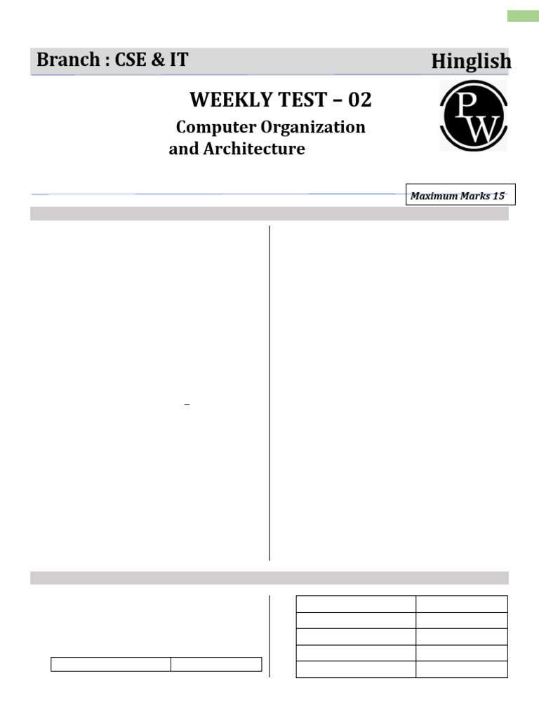 CSE IT Weekly Test on Computer Architecture | PDF | Computer ...