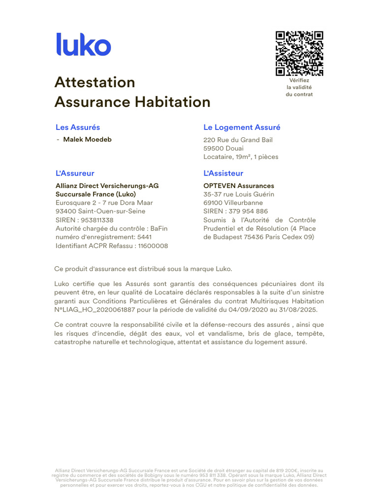 Attestation d'Assurance Habitation Luko | PDF | Assurance | Droit des ...