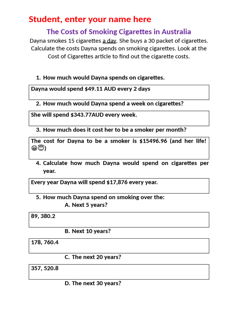 The Costs of Smoking Cigarettes in Questions | PDF | Cost Of Living ...
