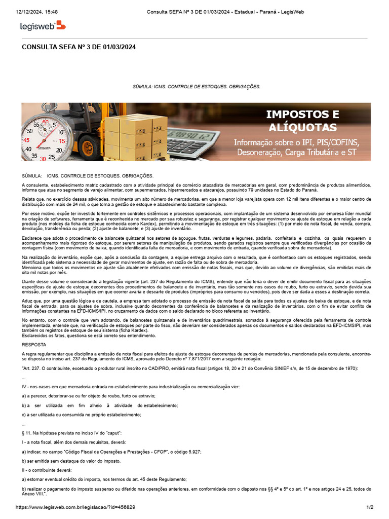 Consulta SEFA #3 01 - 03 - 2024 - BAIXA DE ESTOQUE 5927 | PDF | Recibo ...