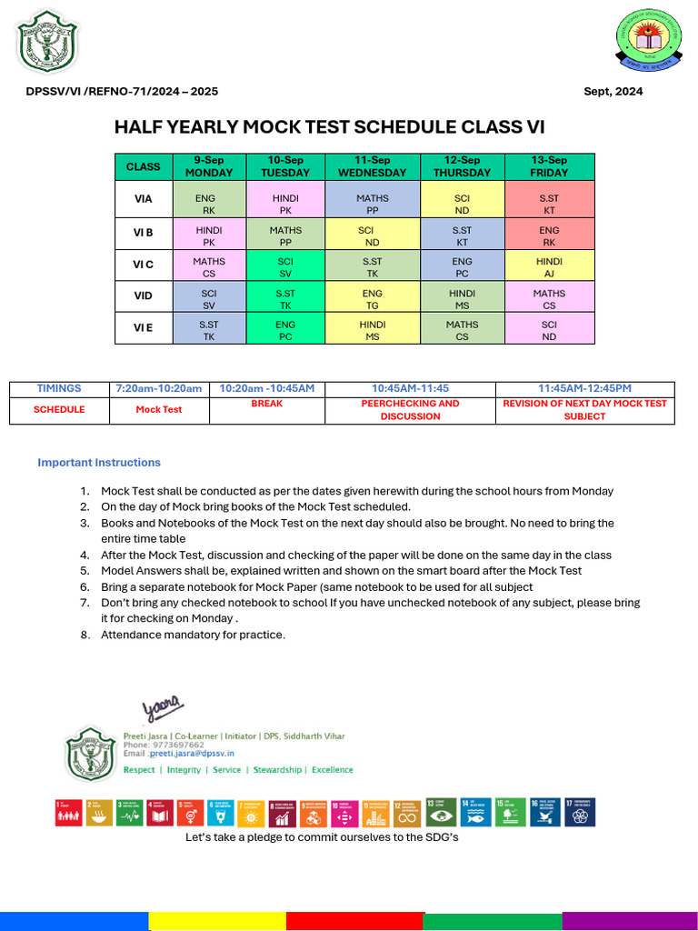 Mock Test Schedule Class VI | PDF