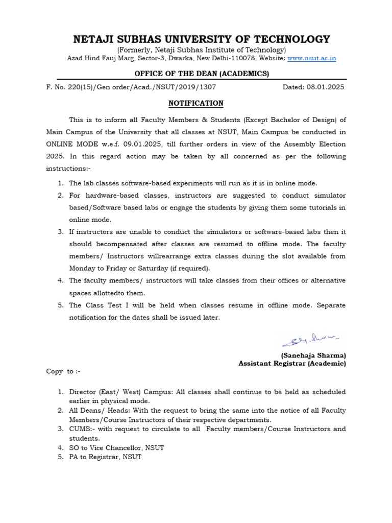 NSUT Online Classes Notification 2025 | PDF