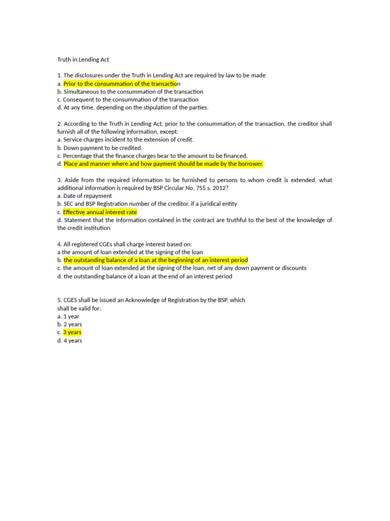 Truth in Lending Act Overview | PDF