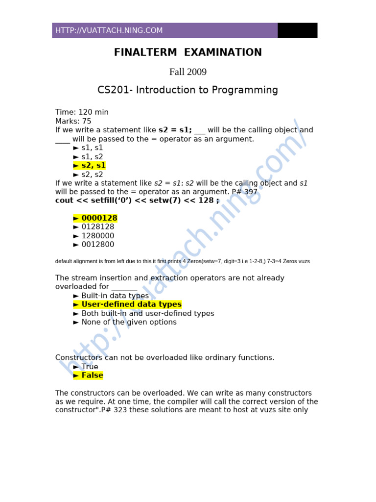 CS201-Introduction To Programming: Finalterm Examination | PDF ...