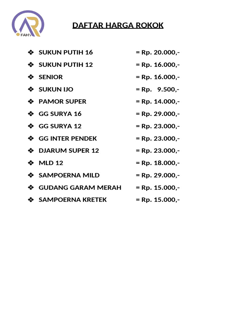 Daftar Harga Rokok Terbaru 2023 | PDF