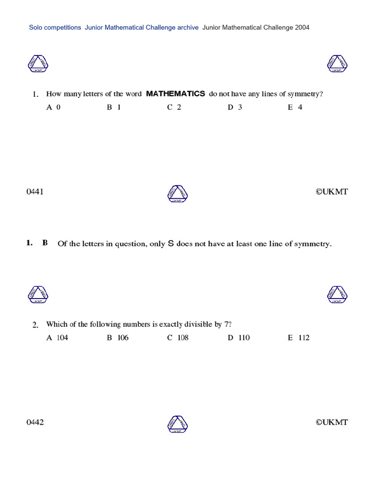 Solo Competitions Junior Mathematical Challenge Archive | PDF