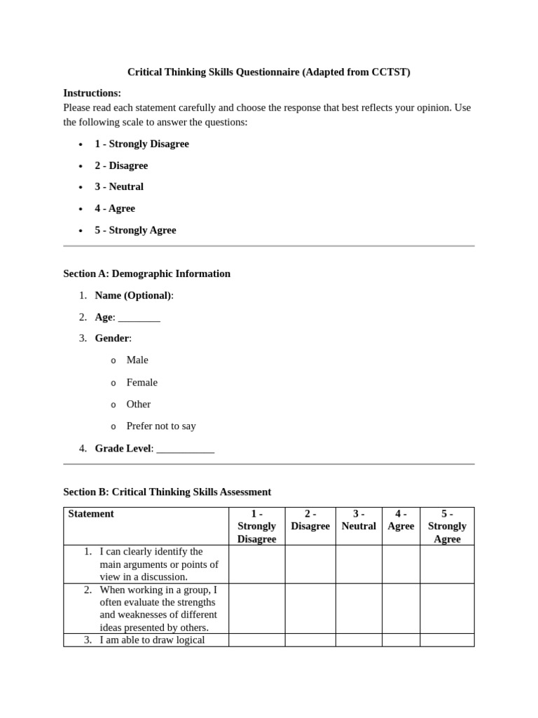 Critical Thinking Skills Assessment Tool | PDF | Critical Thinking ...