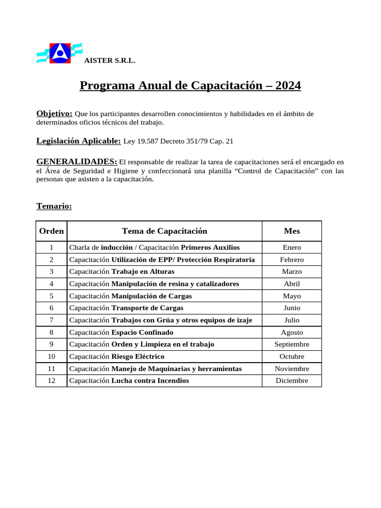 Cronograma Anual de Capacitacion 2024 | PDF
