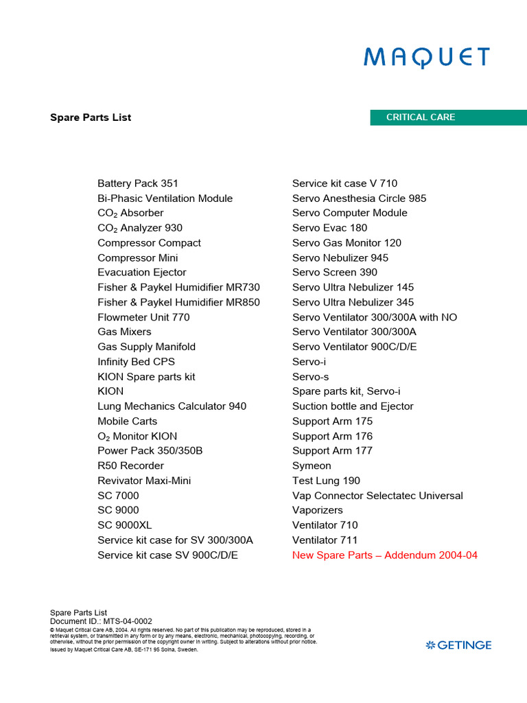 MCC Spare Parts for Critical Care Devices | PDF