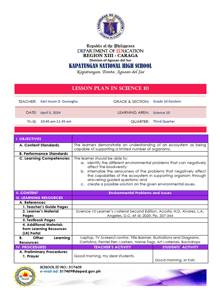 Science 10 Lesson Plan: Environmental Issues | PDF | Waste | Natural ...