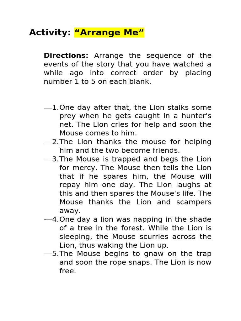 "Arrange the Lion and Mouse Story" | PDF