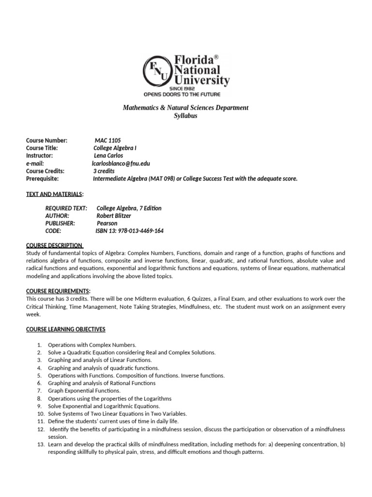 College Algebra I Syllabus Overview | PDF | Function (Mathematics ...