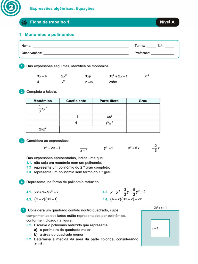 FT - Dinis - Monomios e Polinomios | PDF