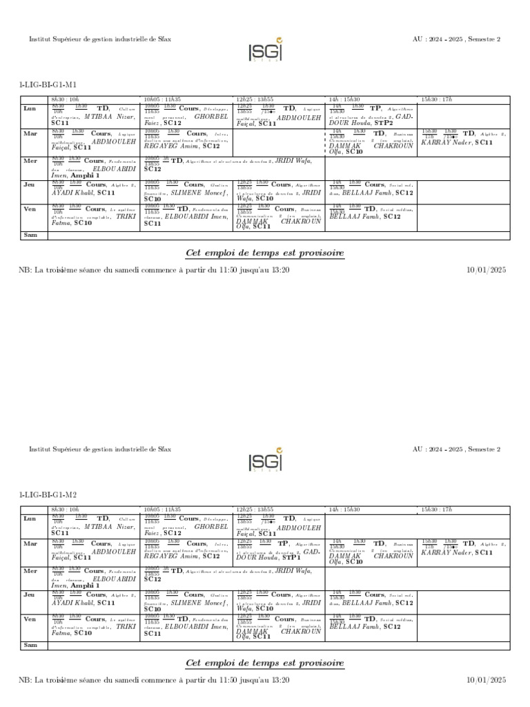 Emploi du temps 2024-2025 Sfax | PDF | Mathématiques | Informatique