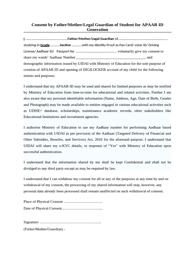Consent Form for APAAR ID Generation | PDF