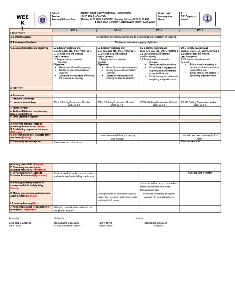 Carpentry Tools and Materials Lesson Plan | PDF | Learning | Intelligence