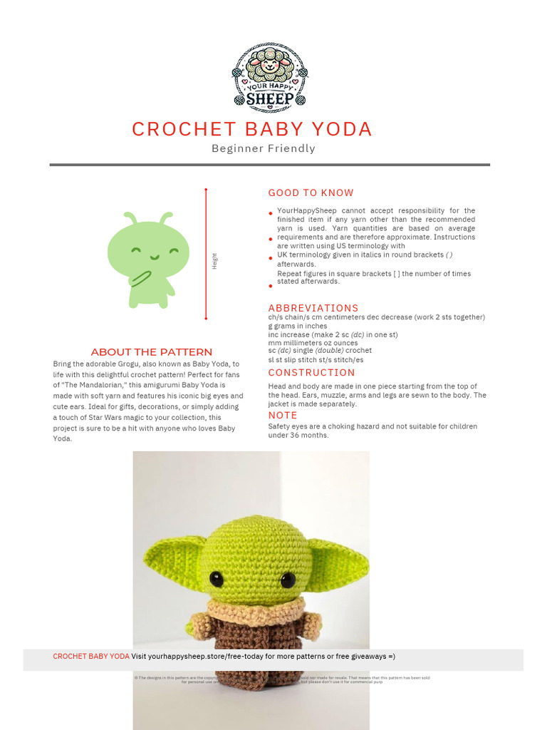 Free Baby Yoda Crochet Pattern | PDF | Crochet | Amigurumi