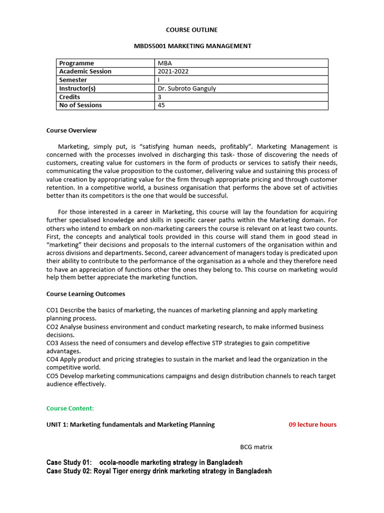 MBA Marketing Management Course Outline | PDF | Marketing | Consumer ...