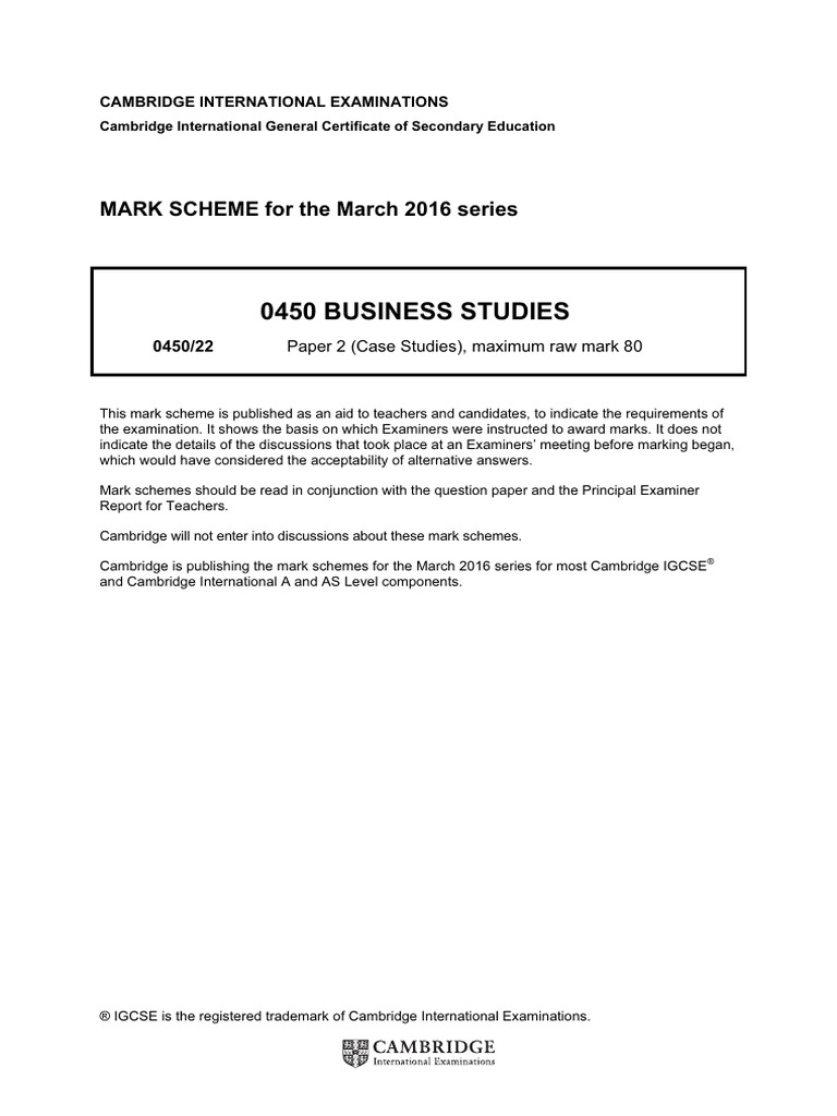 0450 Business Studies: MARK SCHEME For The March 2016 Series | PDF ...
