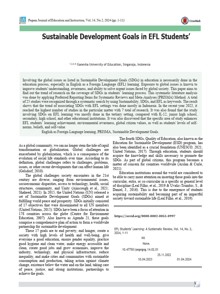 SDGs in EFL Learning: A Systematic Review | PDF | English As A Second ...