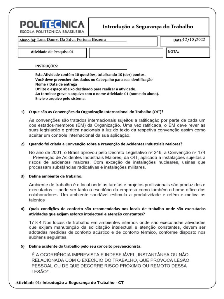 Atividade 01 Introducao A Seg Do Trabalho | PDF | Radiação | Ionização