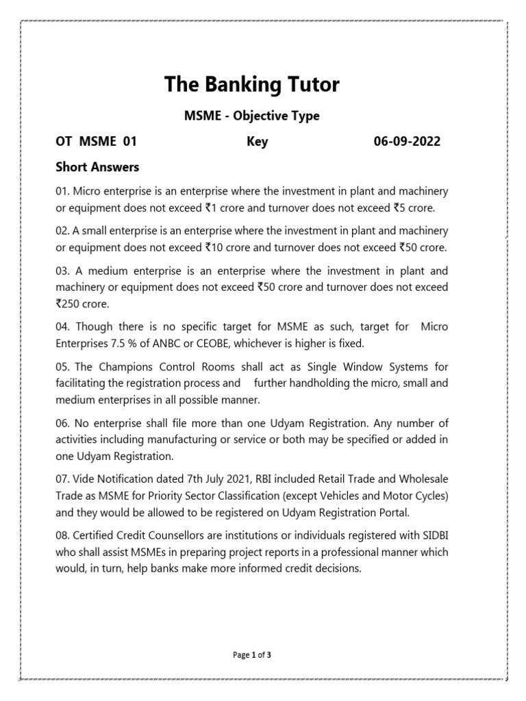 MSME Objective Type Key Insights | PDF | Small And Medium Sized ...