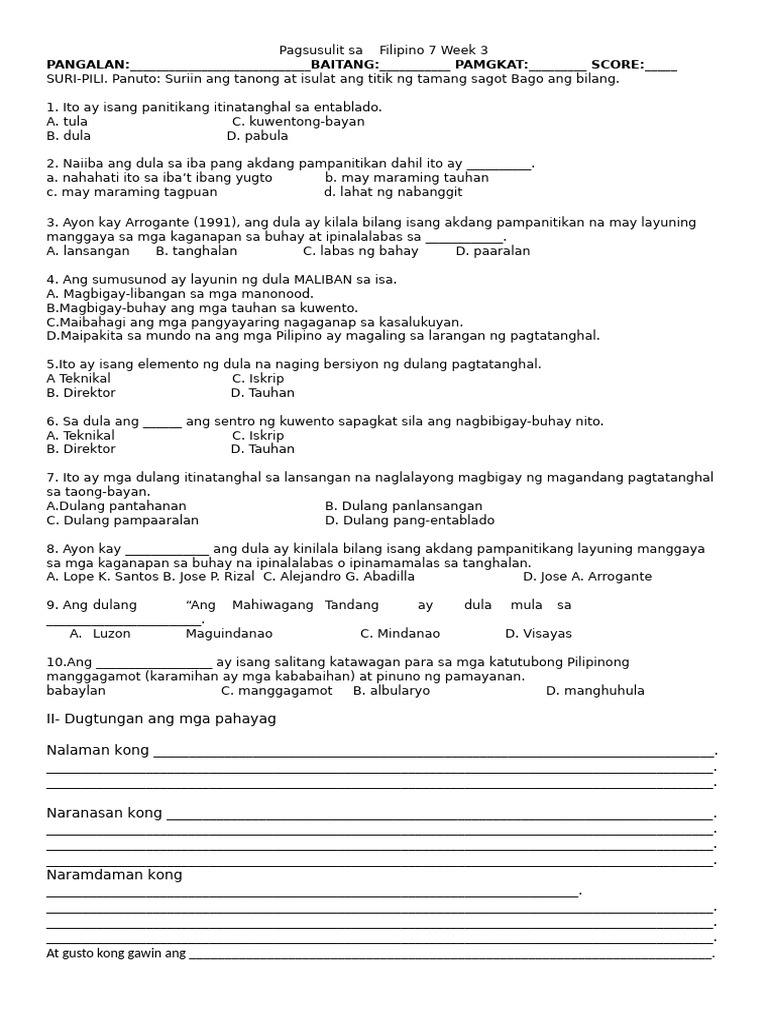 Pagsusulit SA Filipino 7 Week 3 | PDF