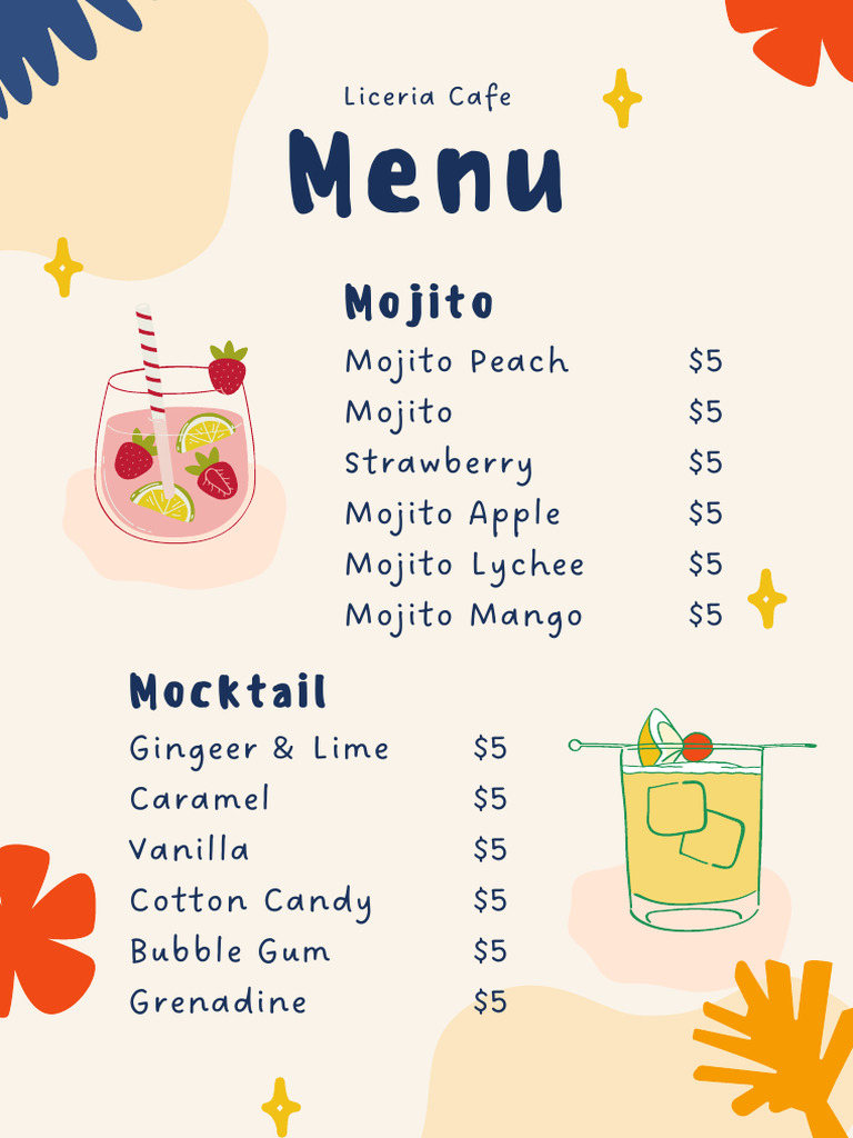 Cream and Blue Blob Playful Abstract Illustrative Cafe Drink Menu | PDF