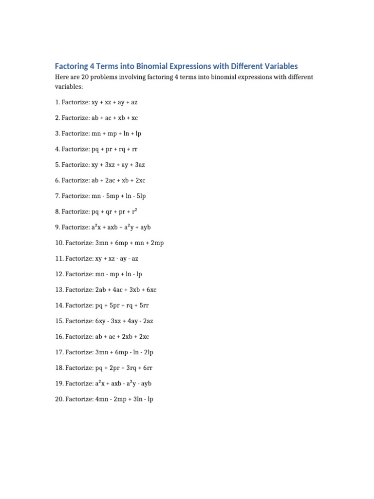 Factoring Four-Term Binomials | PDF