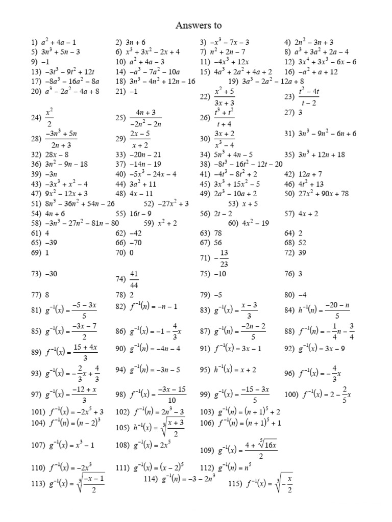 Algebra Worksheet Answers and Solutions | PDF