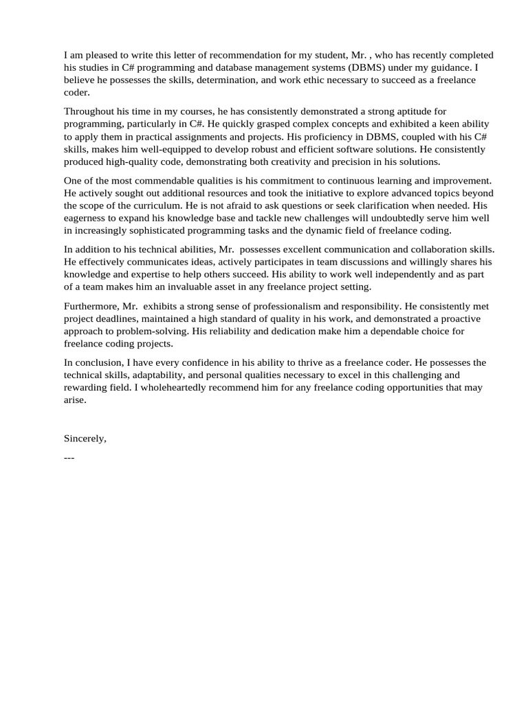 C# Programmer Recommendation Letter | PDF