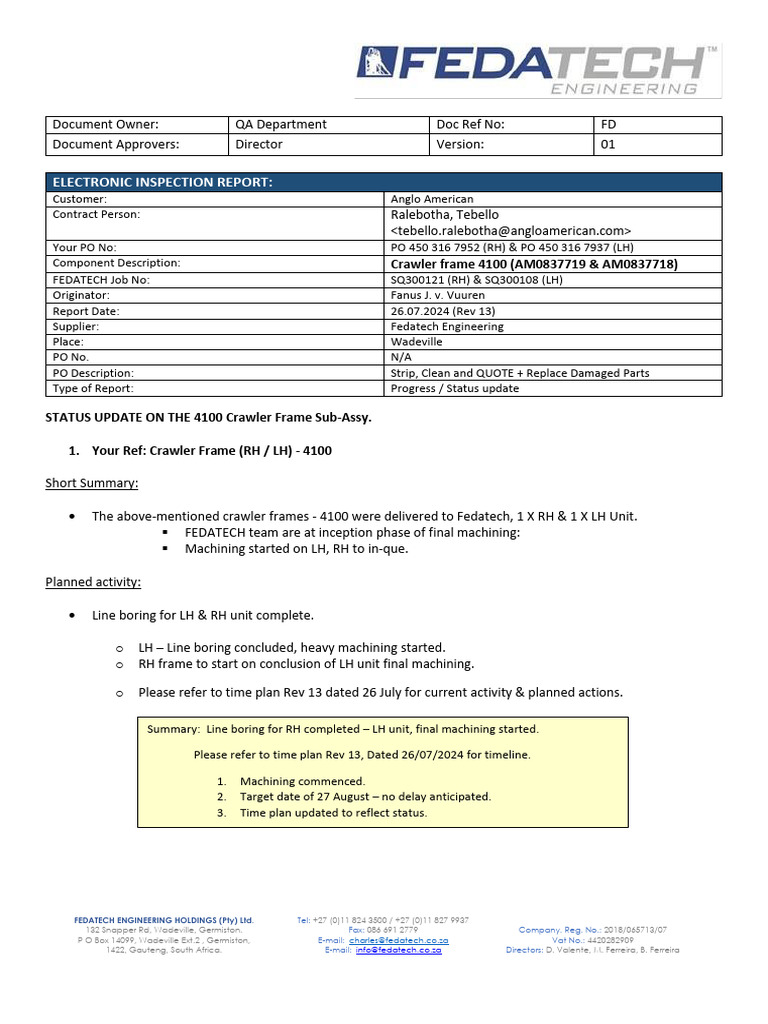 LH4100 Crawler Frame Status Update | PDF