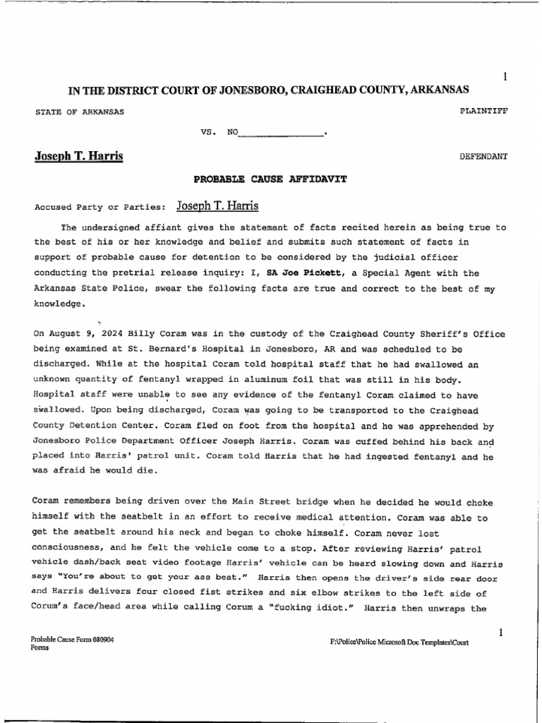 State vs. Joseph T. Harris Affidavit | PDF