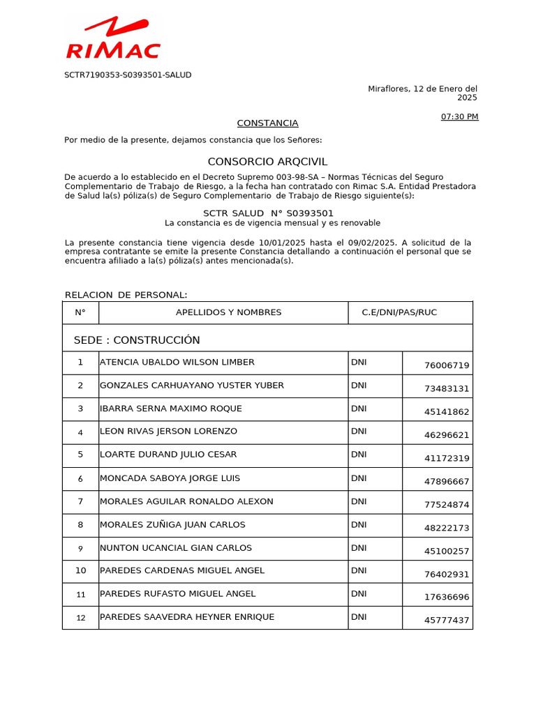 Constancia de Seguro SCTR Rimac 2025 | PDF