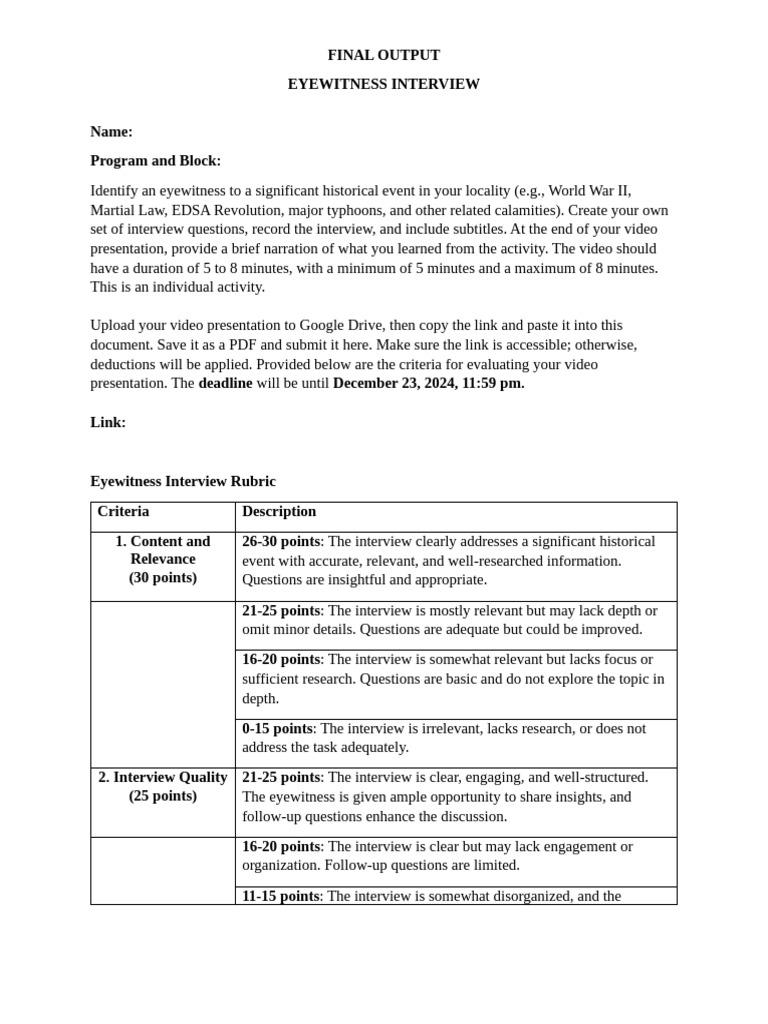Eyewitness Interview Project Guidelines | PDF