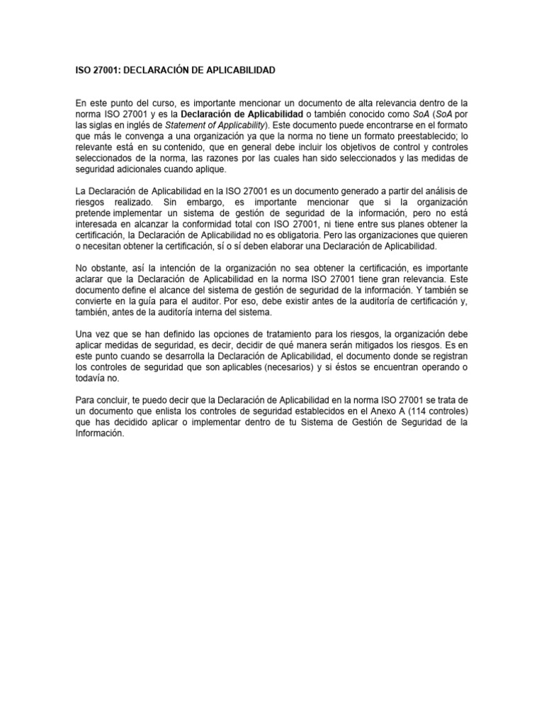 Declaración de Aplicabilidad ISO 27001 | PDF