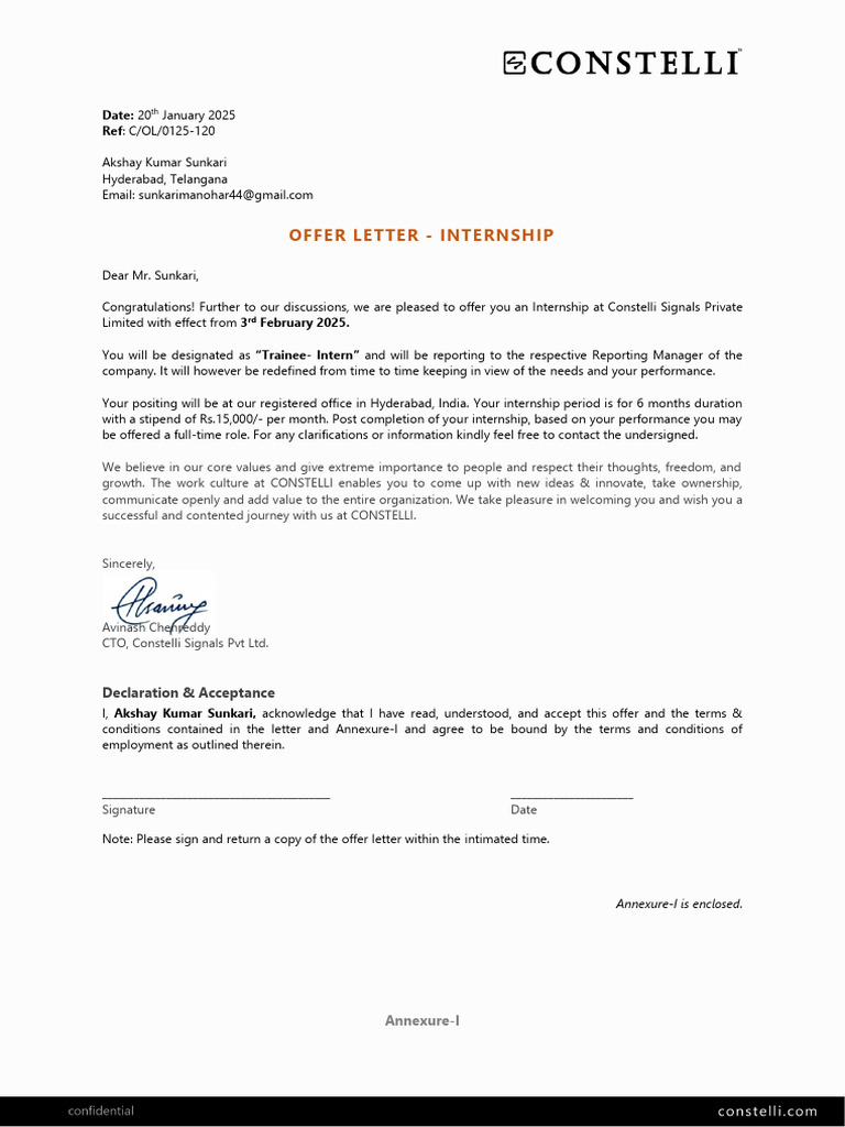 Internship Offer Letter Akshay Kumar Sunkari- 0125-120 | PDF ...