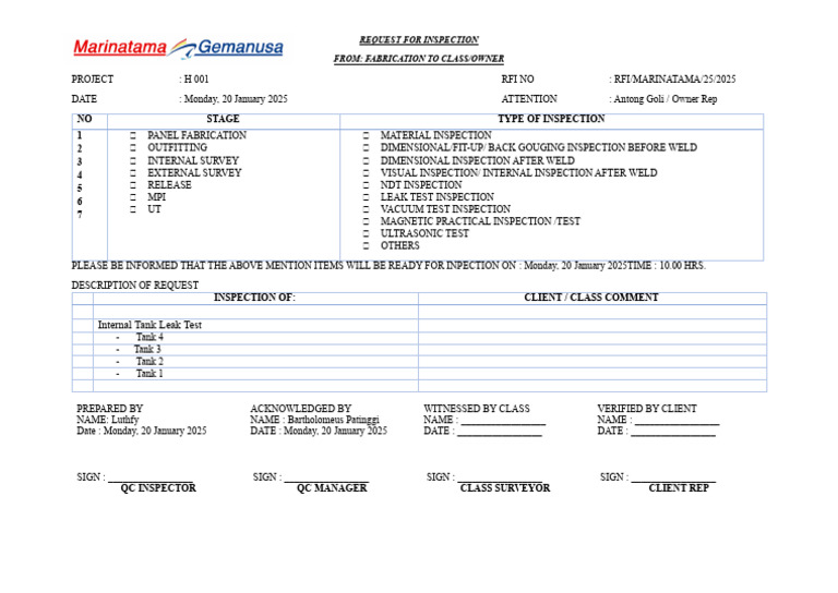 RFI - To - CLASS - 20 JAN 2025 | PDF | Quality | Mechanical Engineering