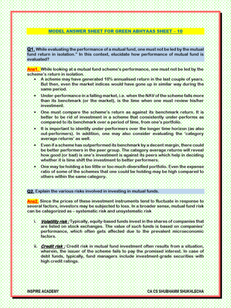 Model Answer Sheet For Green Abhyaas Sheet - 10 | PDF | Investment Fund ...