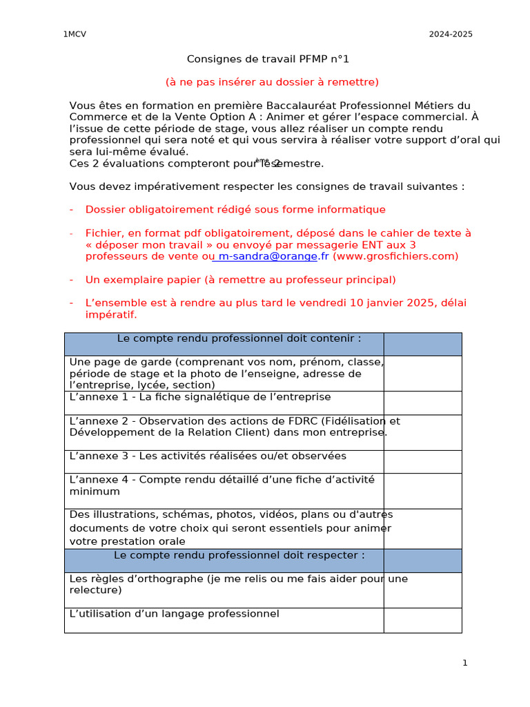 Compte Rendu Professionnel PFMP 2024-2025 | PDF | Commerce de détail ...