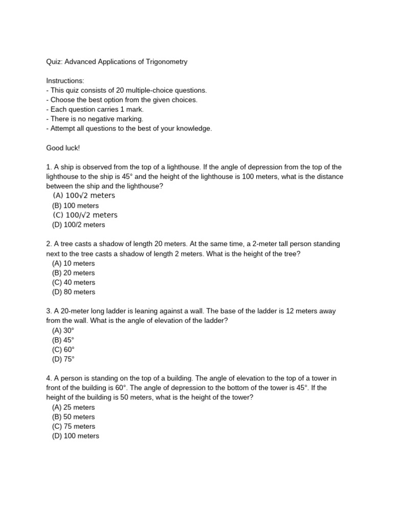 Trigonometry Quiz: Advanced Concepts | PDF | Tower