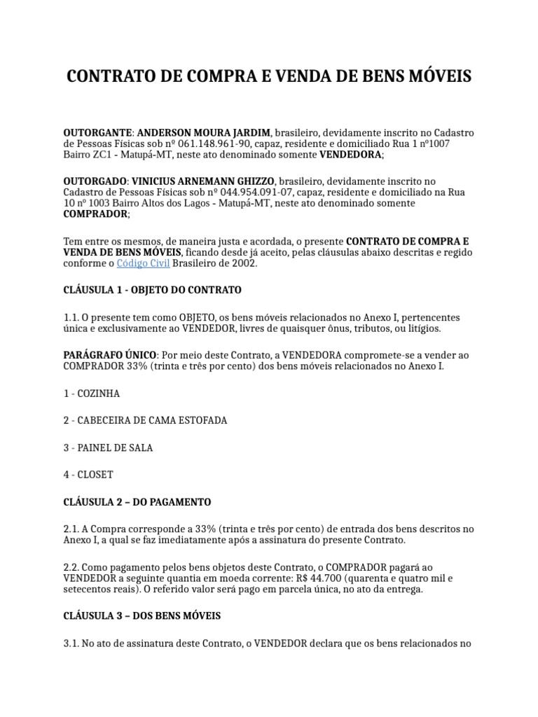 Contrato de Compra e Venda de Bens Móveis | PDF | Indenização ...