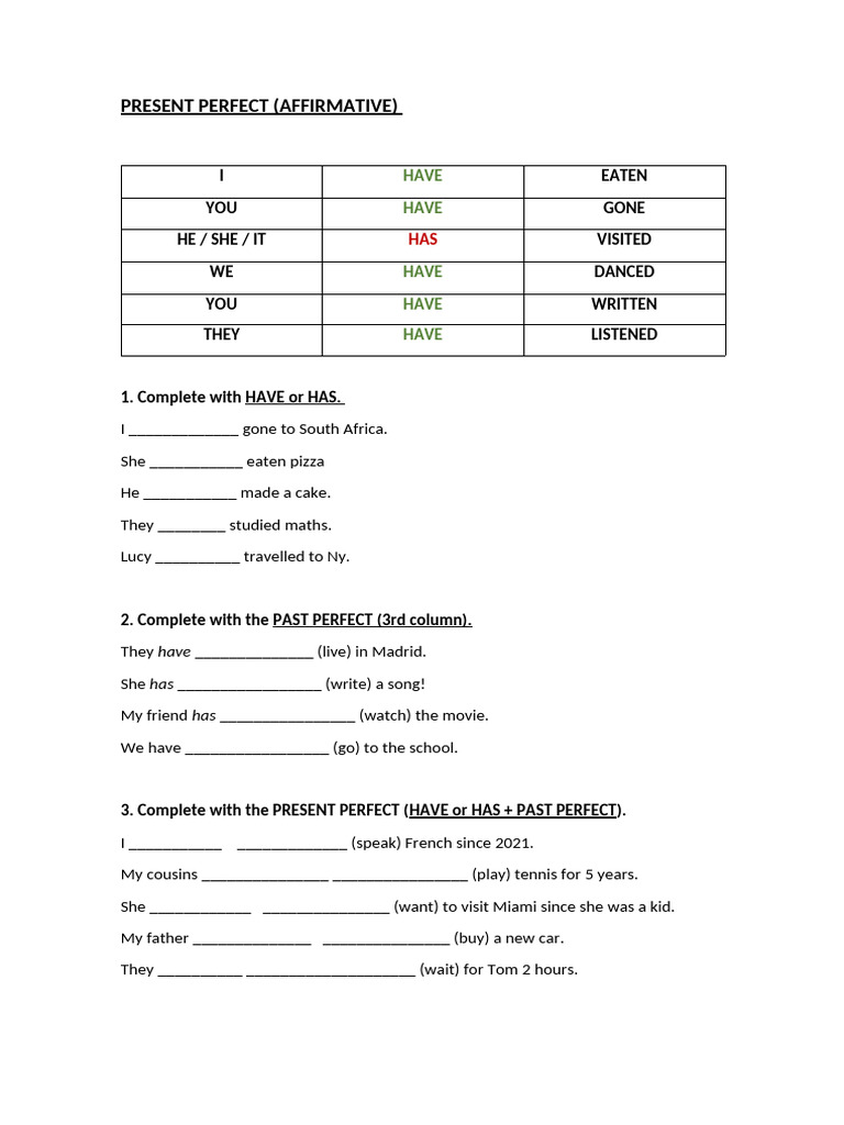 Present Perfect Affirmative Exercises | PDF