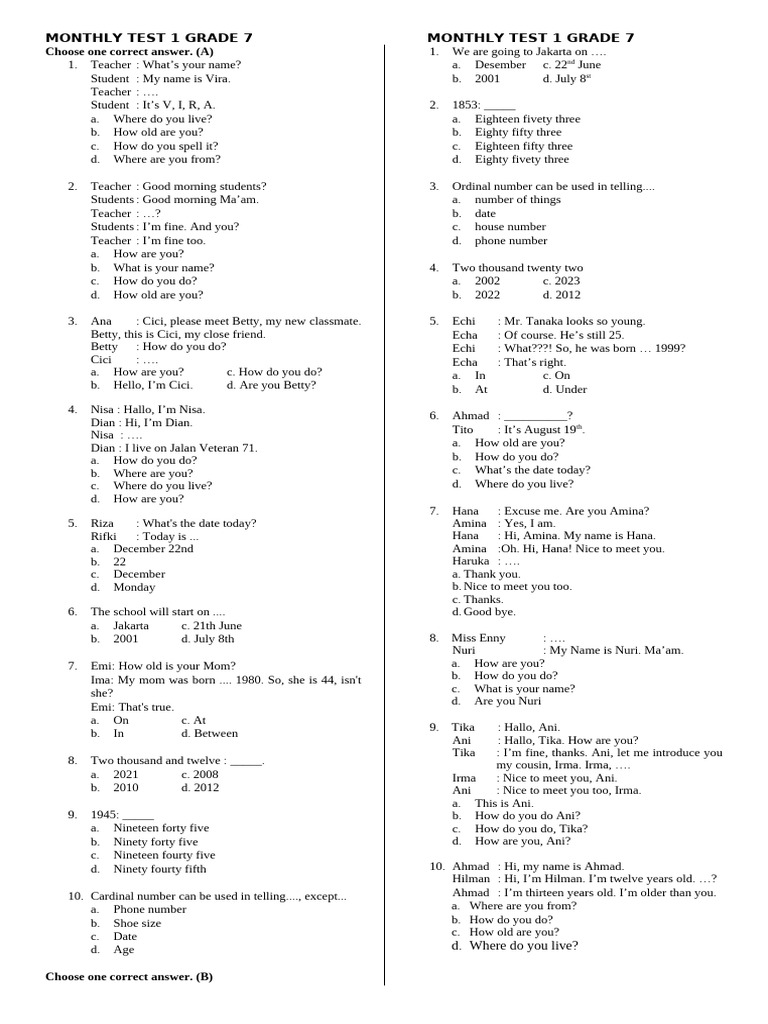 Grade 7 Monthly English Test | PDF